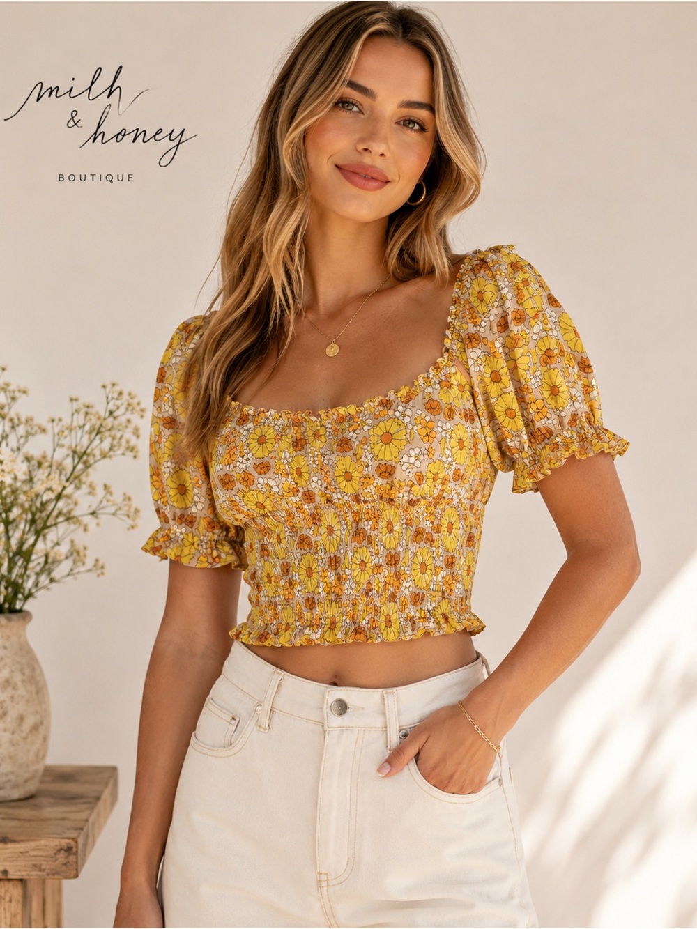 Milk & Honey NWT Yellow Floral Smocked Crop Top M Coastal Cowgirl Festival J